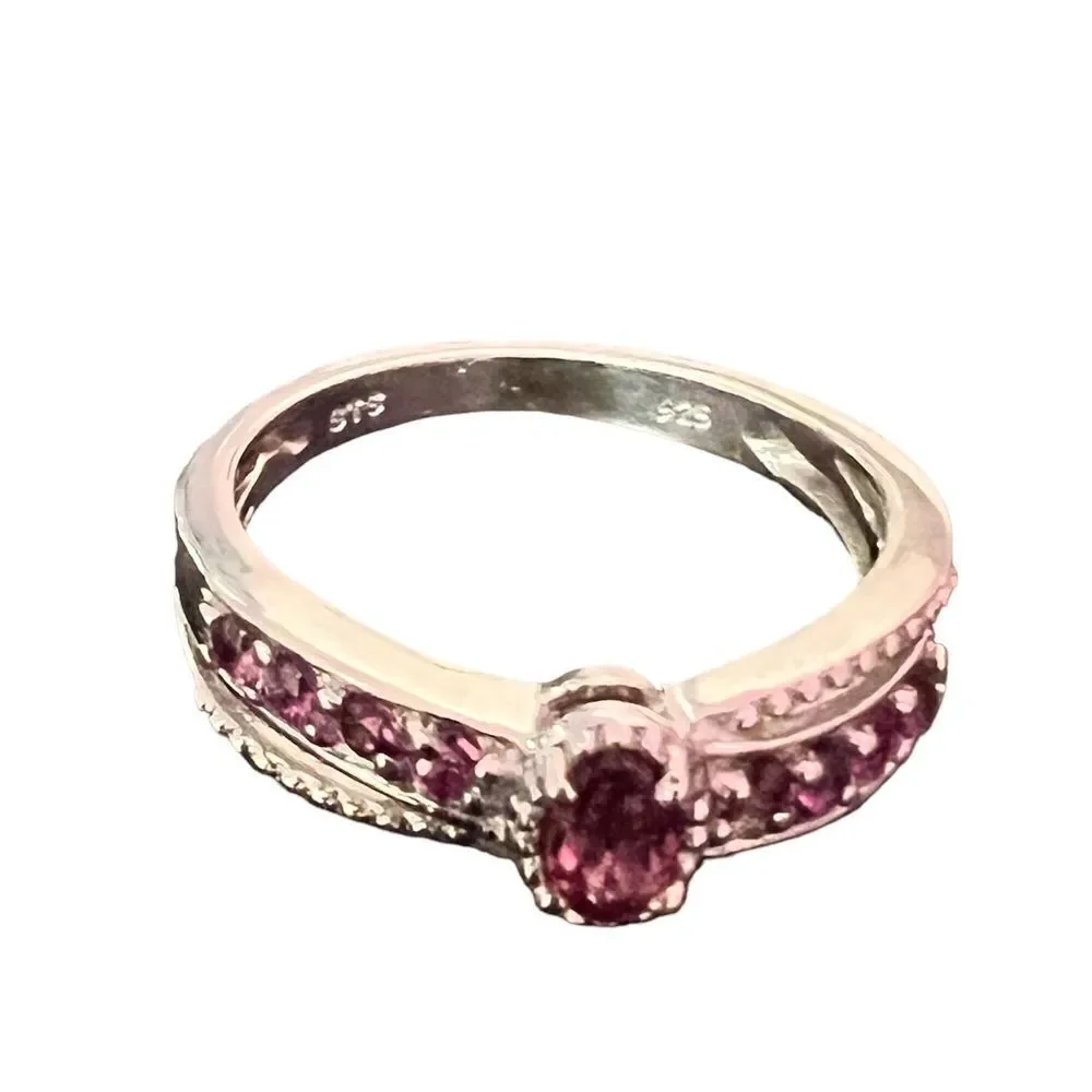 Genuine Purple Garnet  Platinum Plated Sterling Silver Ring Size 8
